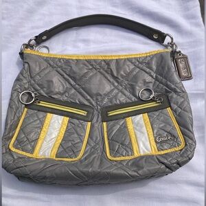 Coach Quilted Gray Ski Bunny Shoulder Bag w/Yellow Trim and Cream Stripes